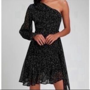 NWT Lulu's The Honey Punch Corsica Black Print One Shoulder Ruffled Dress. XS